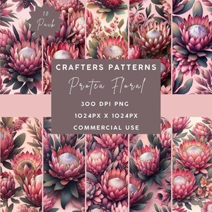 Puede incluir: Un paquete de arte digital con diez patrones florales con flores de protea en tonos rosa, morado y verde. Los patrones son de 1024x1024 píxeles y son para uso comercial. El texto de la imagen dice "Crafters Patterns Protea Floral".