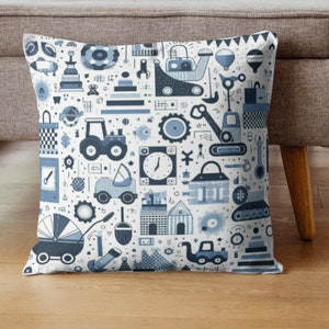 Almohada de tractor, funda de equipo de dibujos animados para niños, avión brillante, globo aerostático, grafiti de cohete, funda de cojín blanca, habitación de niños, guardería, regalo