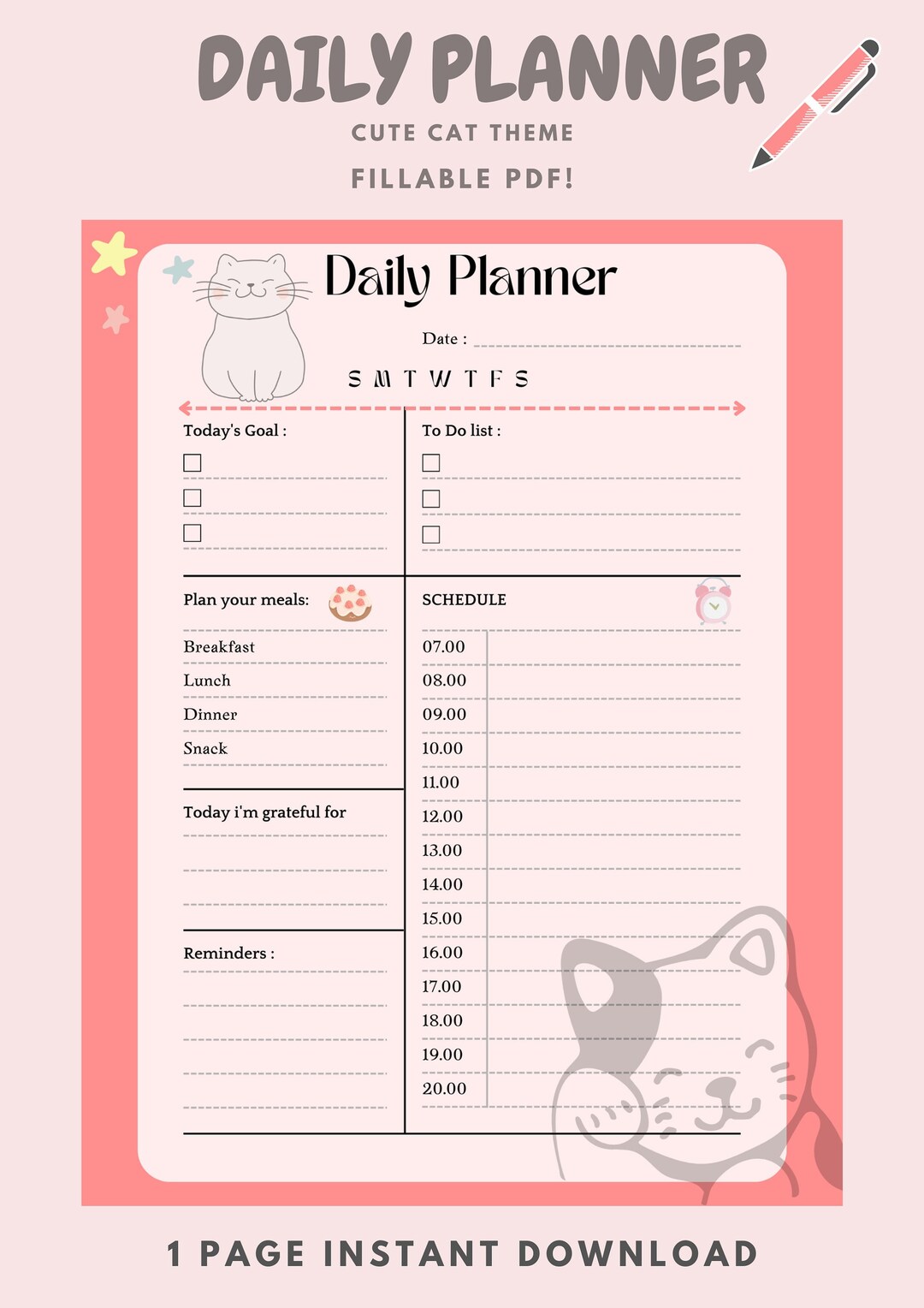 Cheap Daily to Do List Printable, Cat Themed, Instant Download ...