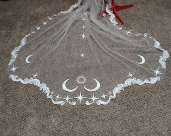 Embroidered Celestial Cathedral Veil: Moon, Stars, Sun
