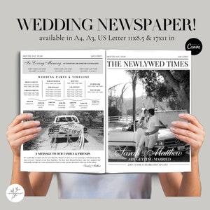 May include: A black and white wedding announcement newspaper template with a photo of a couple in a car and a car with a "Just Married" sign. The text reads "The Newlywed Times" and "Sarah & Matthew are getting married. Join us for a celebration of love."