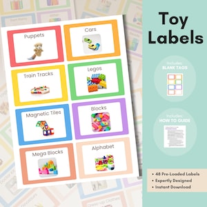 May include: A sheet of toy labels featuring various toy categories such as 'Puppets', 'Cars', 'Train Tracks', and 'Legos'. The labels have colourful borders and images. The text 'Toy Labels' is displayed. Includes blank tags and a guide.