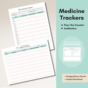Könnte beinhalten: Zwei druckbare Medikamenten-Tracker, einer für Antibiotika und einer für rezeptfreie Medikamente. Die Tracker haben Felder zur Aufzeichnung von Medikamentennamen, Dosierungszeiten und anderen relevanten Informationen. Das Bild enthält auch eine Bonus-Seite mit Arztnotizen.