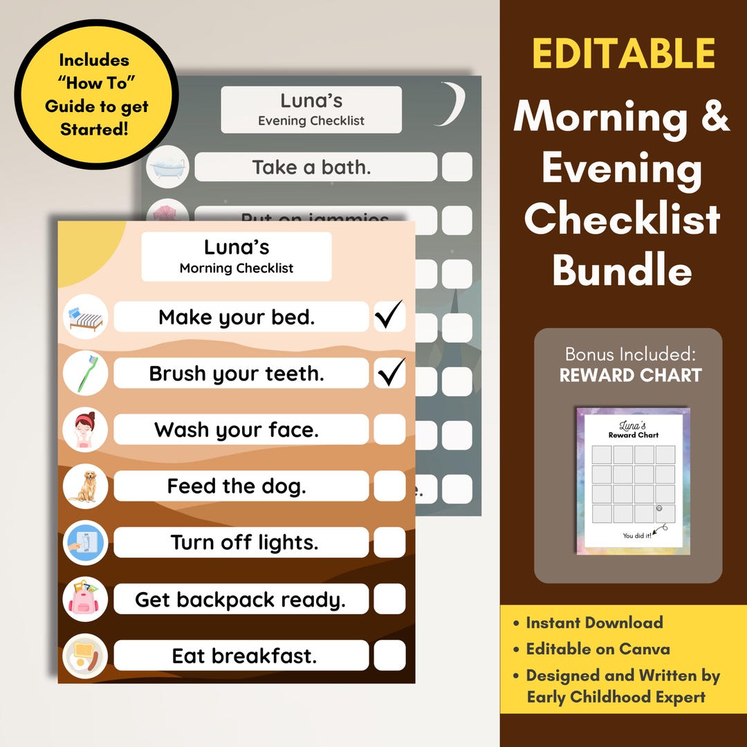 Morning Routine Sunshine Kids' Morning & Evening Routine Checklist Bundle | Moon and Sun Theme ...