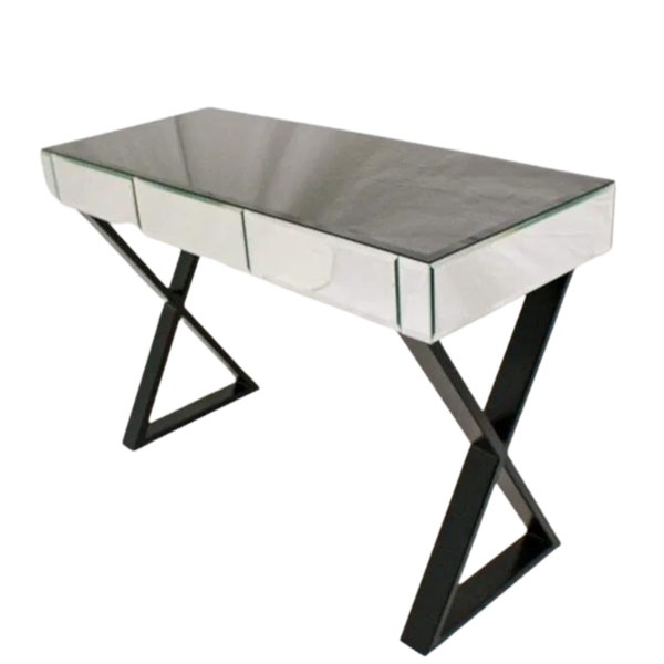 Table console élégante en miroir avec plateau en verre noir, coiffeuse glamour, personnalisable