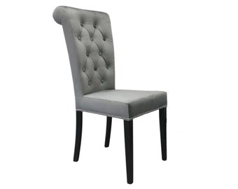 Comfortable dining chair Pero, with scroll back and an ornate knocker, glamour style chair, many colors