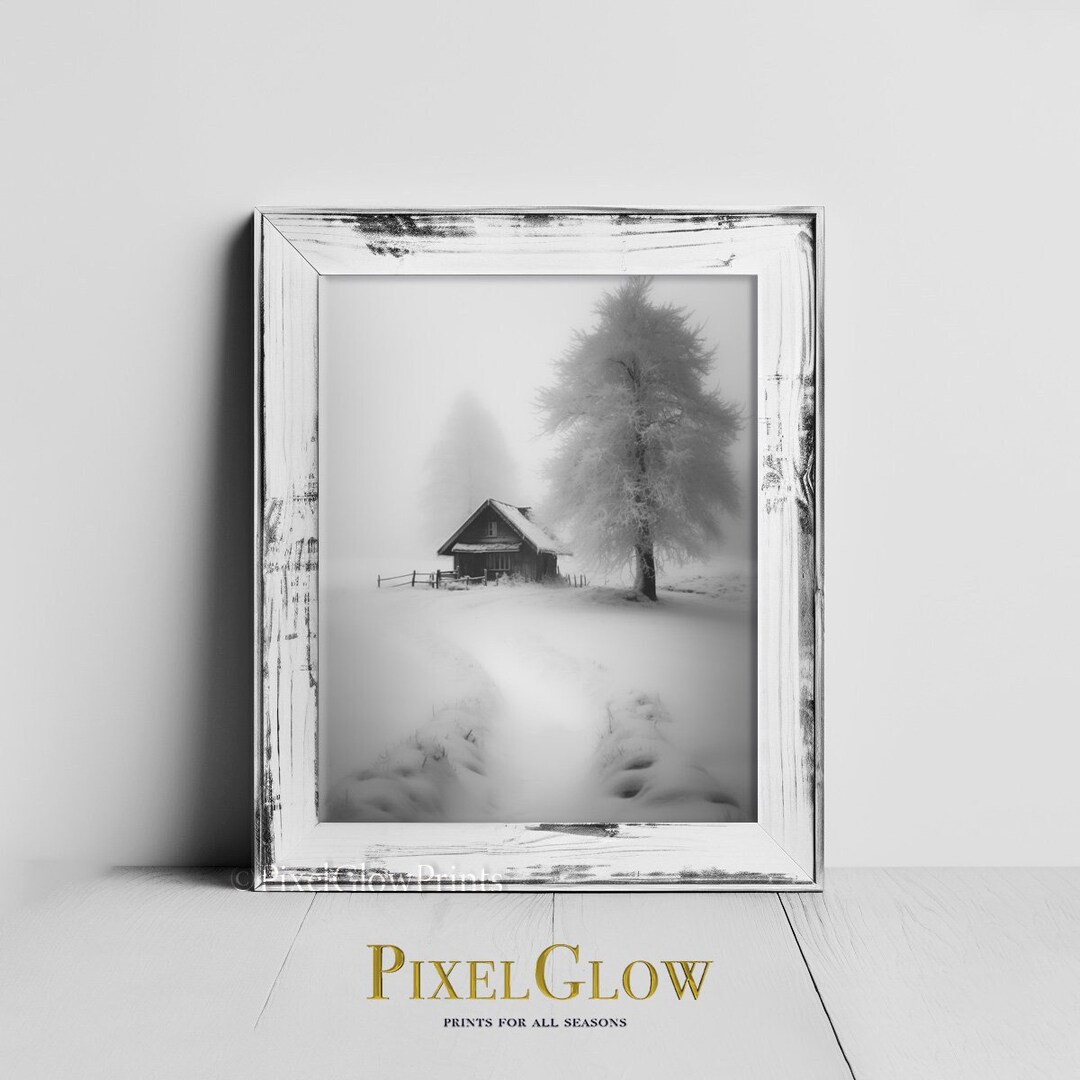 Winter Printable Wall Art Snowy Cabin B&W Elegant Etsy