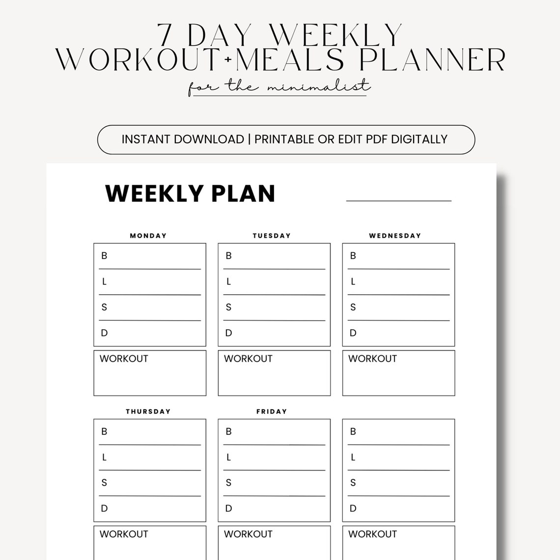 Weekly Workout and Meal Planner Printable, 7 Days Fitness Planner
