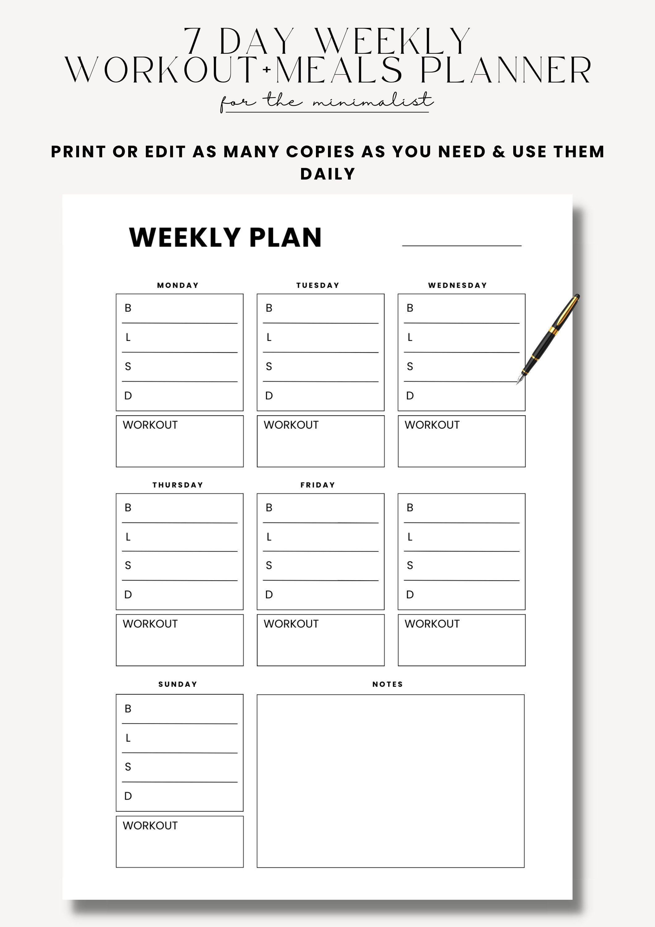 Weekly Workout and Meal Planner Printable, 7 Days Fitness Planner ...