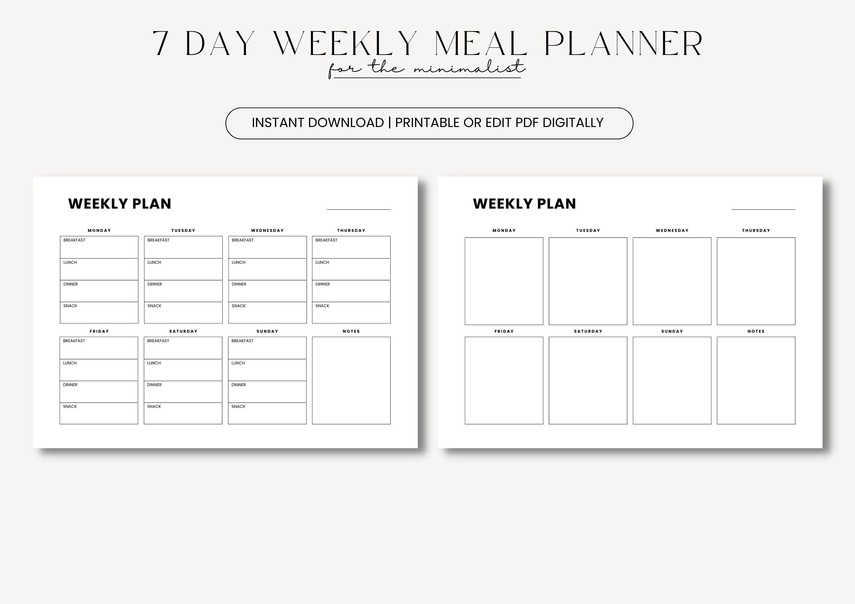 Printable Weekly Meal Planner Landscape, 7 Day Meal Planner, Meal ...