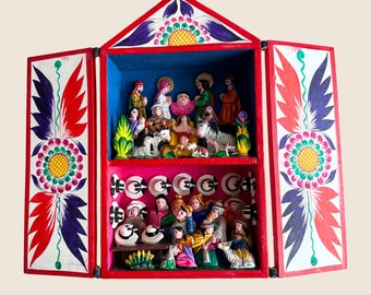 Vintage Peruvian Hand Painted Nativity Display Set