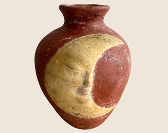 Vintage Sun and Moon Primitive Handmade Terracotta Vase