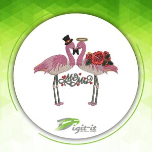 May include: An embroidery design featuring two pink flamingos facing each other. The left flamingo wears a black top hat with a red band, while the right flamingo has a gold halo and red hibiscus flowers. The text Mr & Mrs is centered below.
