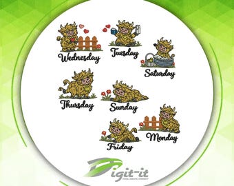 Diseño de bordado de vaca de las Tierras Altas: época de la semana