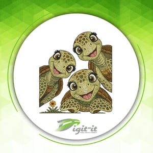May include: An embroidery design featuring three smiling green turtles with brown shells and large brown eyes. The turtles are arranged in a group, with one small yellow flower at the bottom left. The text Digit-it is printed in grey below.