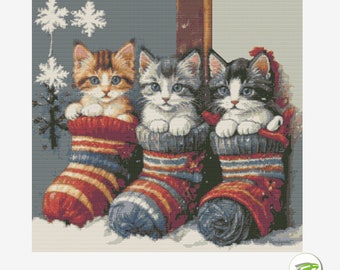 3 Kitties in Stockings Cross Stitch Pattern (PDF)