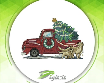 Diseño de bordado digital de camión antiguo navideño