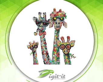 Giraffe Family Embroidery Design, Colorful Animals (6x6 Hoop)