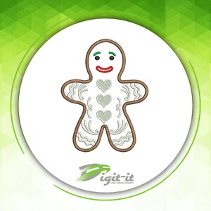 May include: A gingerbread man design with a brown outline, green eyes, and a red smile. The gingerbread man has three gray hearts and decorative swirls. The image is on a white circle with a green and white background. The logo "Digit-it" is at the bottom.