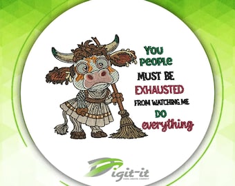 Tired Cow Embroidery Design