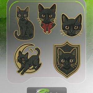 May include: Five black cat embroidery patches with gold edging. Designs include a sitting cat, a cat with a red bow, a cat face, a cat on a crescent moon, and a cat in a shield.