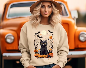 Halloween Sweatshirt, Black Cat on pumpkin sweatshirt, Shirt for Fall, Black cat Sweatshirt, Spooky Season, Black Cat shirt