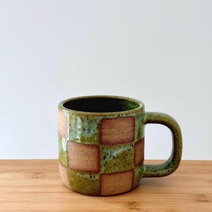 Checkerboard Stoneware Mug – Wheel Thrown Green Glaze Flecked Brown Clay