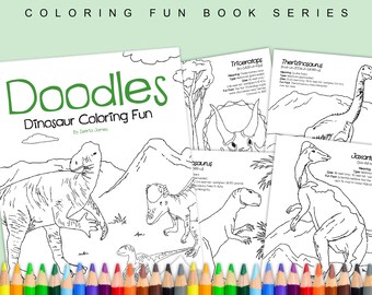 Puede incluir: Un libro para colorear en blanco y negro con el título "Doodles Dinosaur Coloring Fun" de Setrta James. El libro presenta ilustraciones de dinosaurios, incluyendo un Triceratops, un Therizinosaurus y un Jaxartosaurus. El libro está diseñado para que los niños lo coloreen.