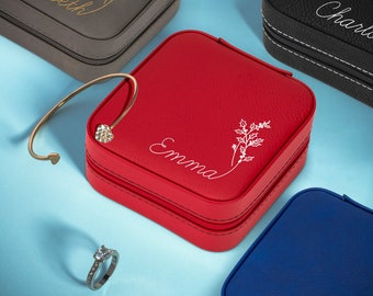 Personalized Birth Flower Vegan Leather Jewelry Case