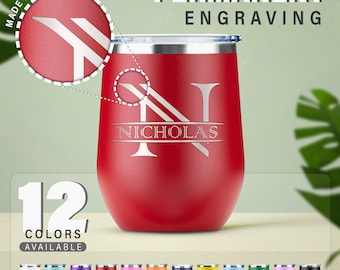 Initiales Gobelet à vin personnalisé 12 oz sans pied, verre à vin isolé, gobelet à bec pour adulte