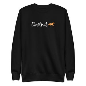 May include: Black sweatshirt with the word "Chestnut" in white text and a silhouette of a brown horse running to the right.
