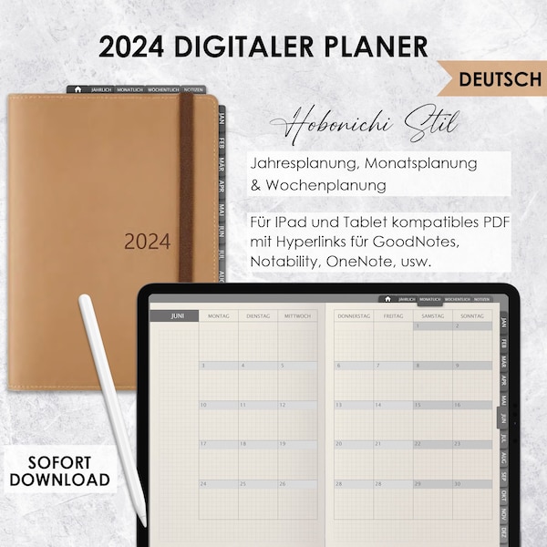 2024 Digital Planner German, Digital Hobonichi, minimalist digital planner, classic planner, monthly planner, weekly planner