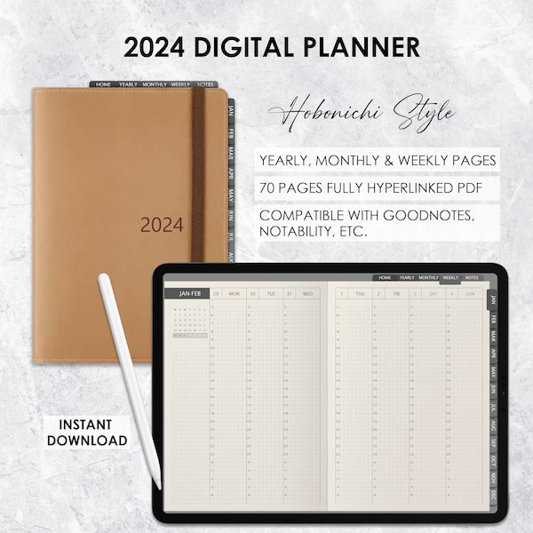 Digital Planner 2024, Digital Hobonichi Planner, Weekly Planner, Minimalist Journal, Hyperlinked PDF Goodnotes Notability, ADHD Journal