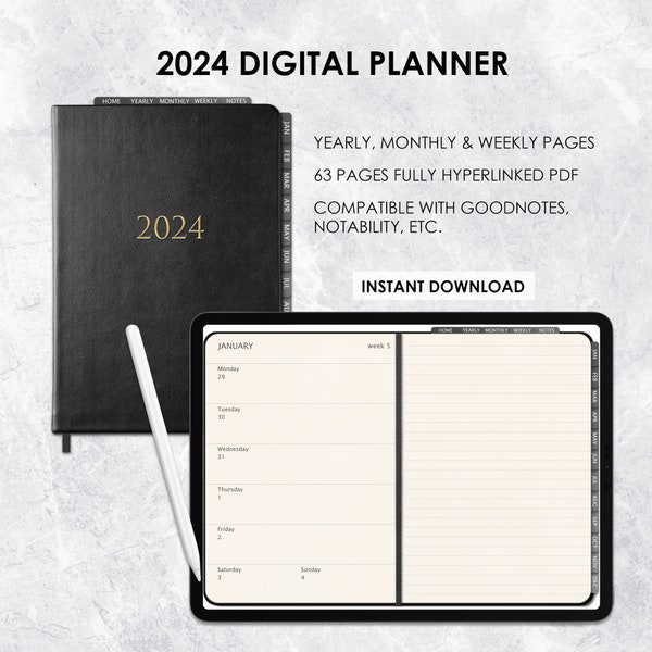 2024 Digitale Planner, Minimalistische Digitale Planner, Klassieke Planner, Week- en Maandelijkse Planner, iPad Planner, GoodNotes, Notability Planner