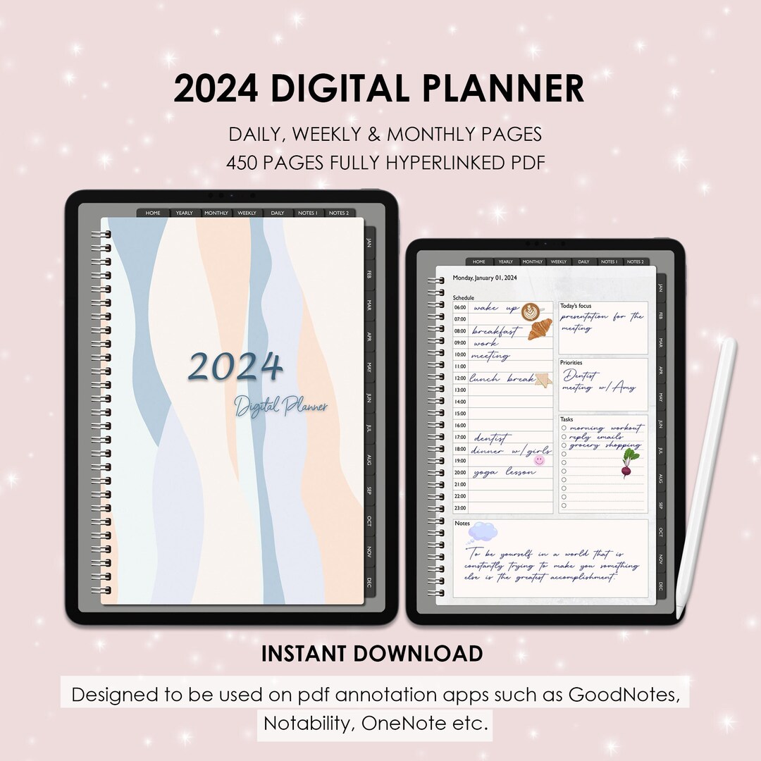 2024 Digital Planner, Daily, Weekly & Monthly Planner, iPad Planner, Dated Digital Planner