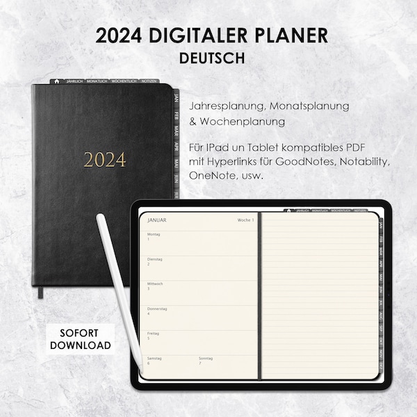 2024 Digitaler Planer Deutsch, minimalistischer digitaler Planer, klassischer Planer, Monatsplaner, Wochenplaner, digitaler Kalender