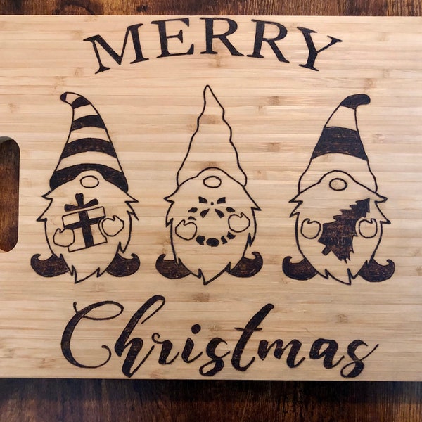 Merry Christmas Gnome Cutting Board Hand Wood Burned Bamboo