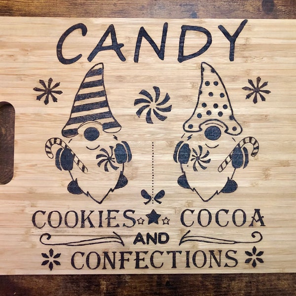 Christmas Candies Cookies Cocoa and Confections Gnome Cutting Board Hand Wood Burned Bamboo