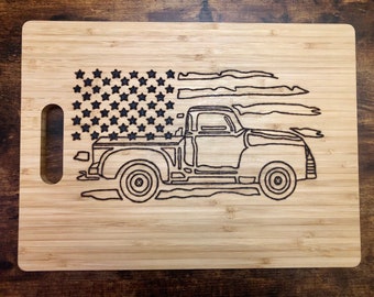 American Flag Vintage Pickup Truck Cutting Board Hand Wood Burned