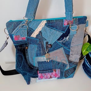 Bolso de mezclilla reciclada, bandolera, correa ajustable, gran volumen, jeans reciclados, forro de algodón, múltiples bolsillos