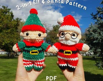 May include: Two crocheted plush figures: an elf and Santa Claus. The elf is green, red, and beige, while Santa is red, white, and black. The text "2-in-1 Elf & Santa Pattern" and "PDF" are visible.