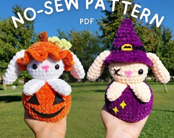 Einfaches Halloween-Häschen Amigurumi-Muster | 2-in-1 No-Sew Crochet PDF | Kürbis & Hexenhüte