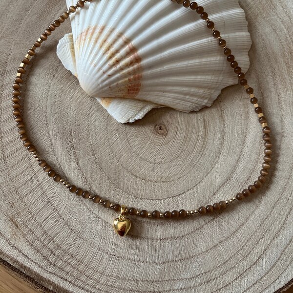 Collier en Agate Marron et Hématite - Perles naturelles 4 mm,  Idée cadeau
