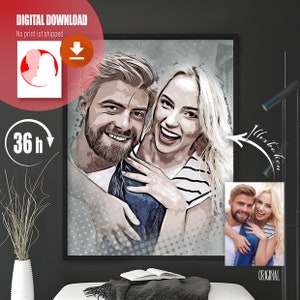 Portrait drawing of a couple. A customized, personalized and handcrafted cartoon style gift. The eye-catcher in every apartment.