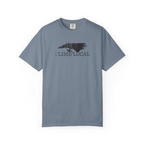 Men's T Shirt North Carolina Rock Climbing-Climb Local Cotton Shirt-by Gravel Blue Jean