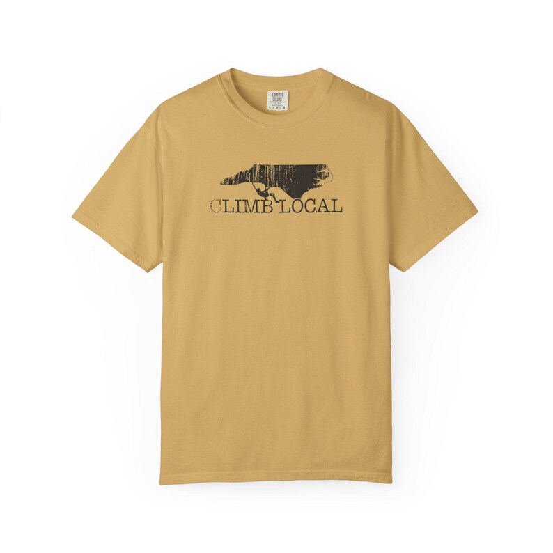 Men's T Shirt North Carolina Rock Climbing-Climb Local Cotton Shirt-by Gravel Mustard