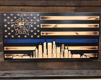 Chicago Police Wood Flag: Rustic American Flag with Blue Stripe