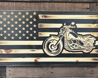 Rustic Wood Motorcycle American Flag: Personalized Wall Art