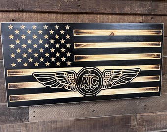 Handcrafted Wood American Flag with Navy Aircrew Wings
