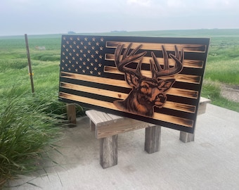 Deer American Flag, Rustic Laser Engraved Wood Art